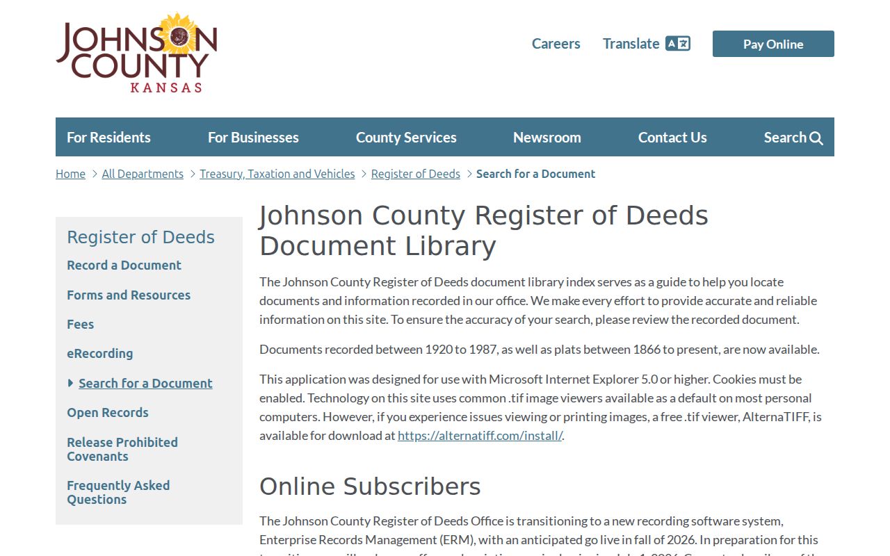 Johnson County document library coverage information for Olathe deed history