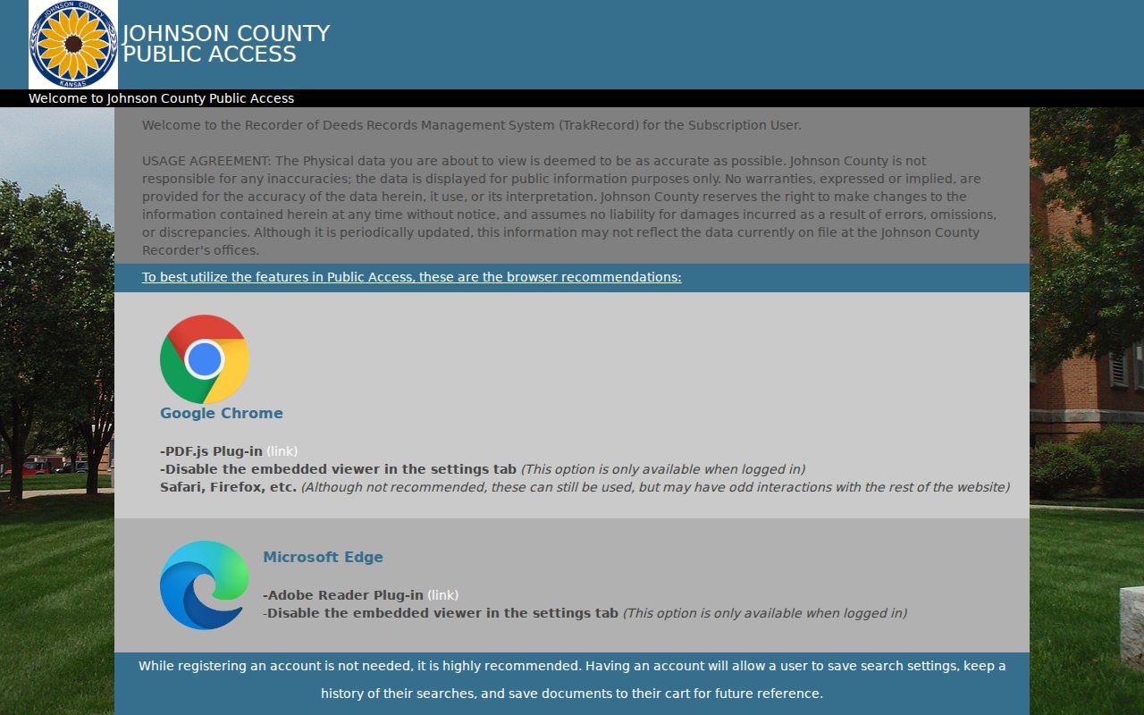 Johnson County Register of Deeds index access screen for tracing Olathe previous residents
