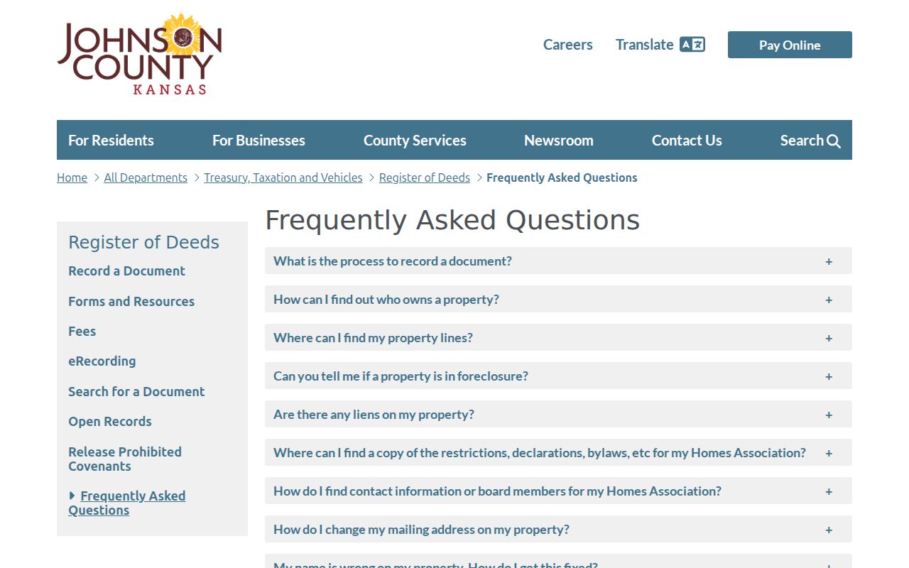 Johnson County Register of Deeds FAQ for researching former Olathe owners