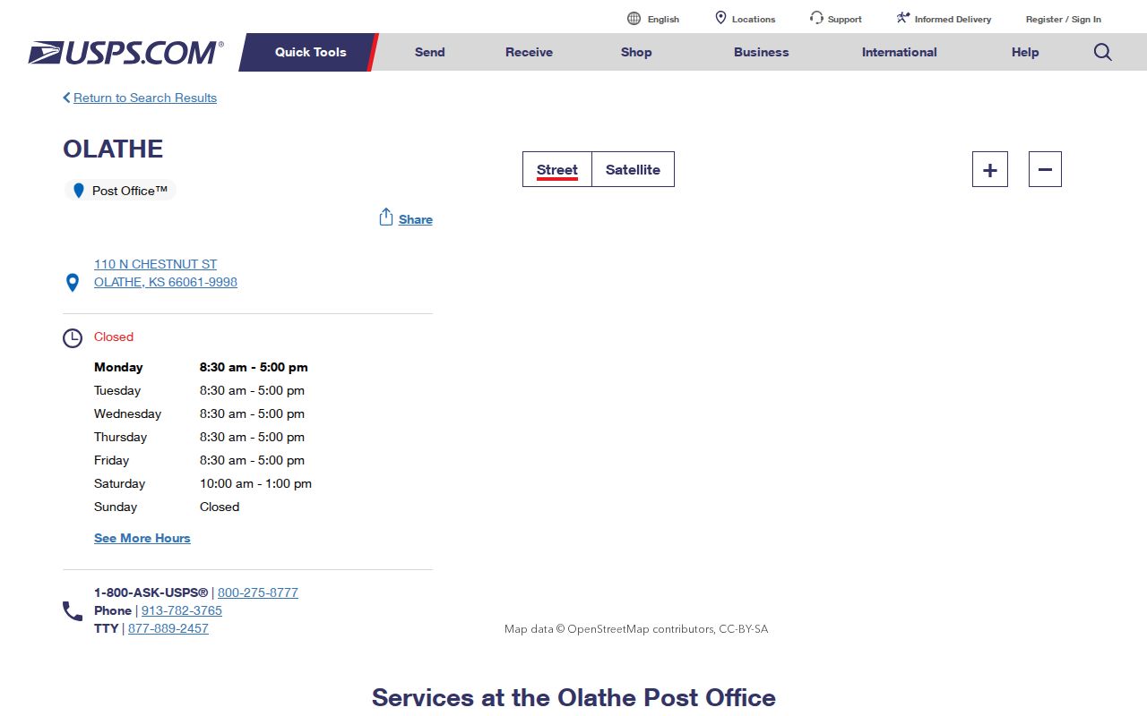 Olathe ZIP code directory showing official USPS post office locations