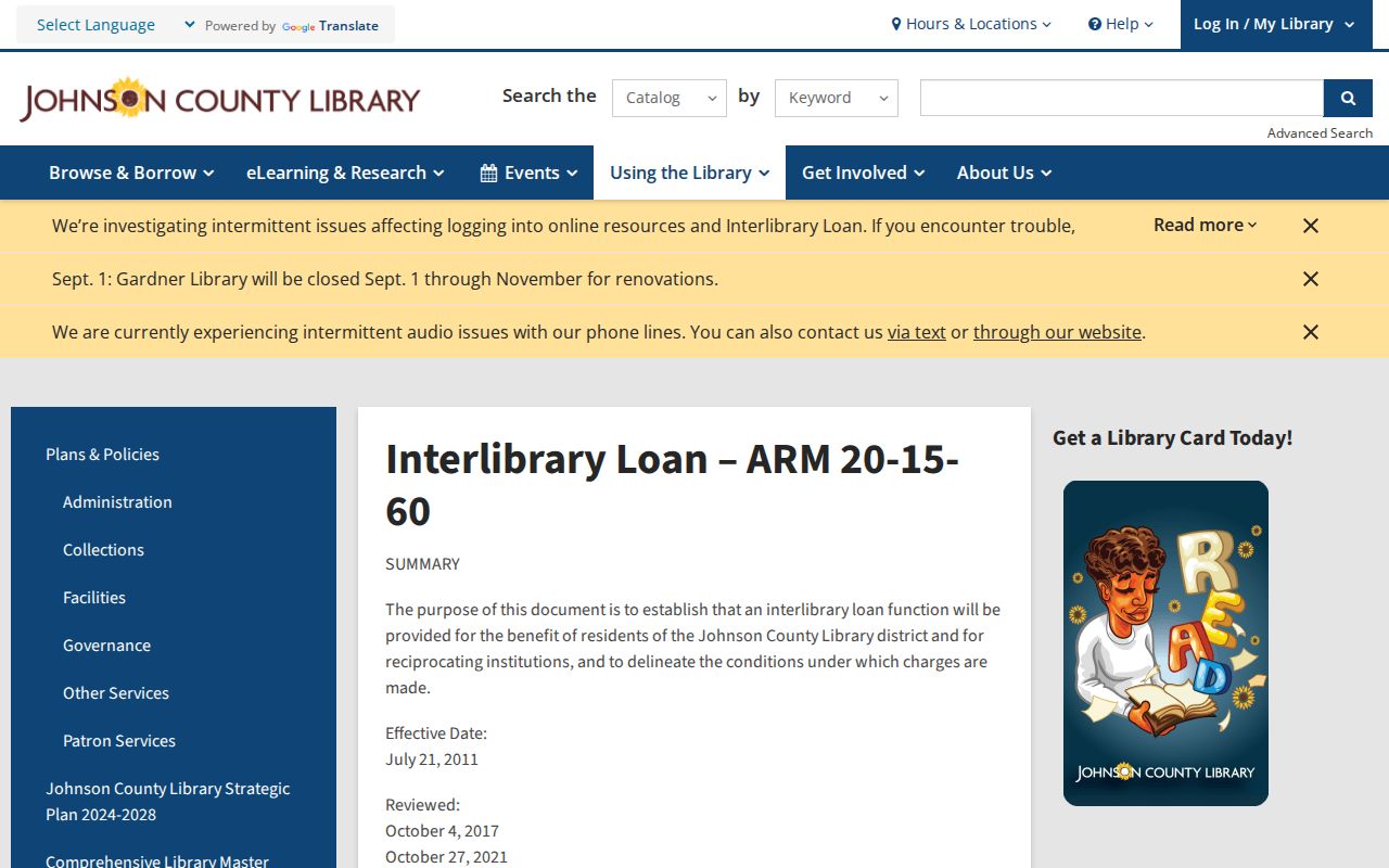 Olathe ZIP code directory evidence in Johnson County Library policy